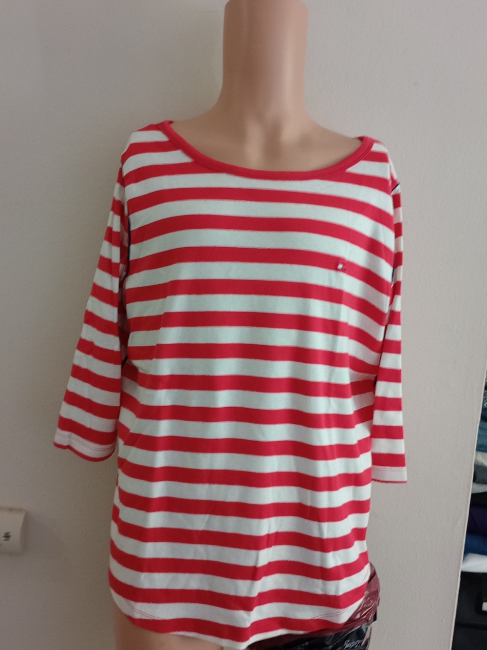 Tommy Hilfiger Red and White Striped 3/4 Sleeve Boatneck Top